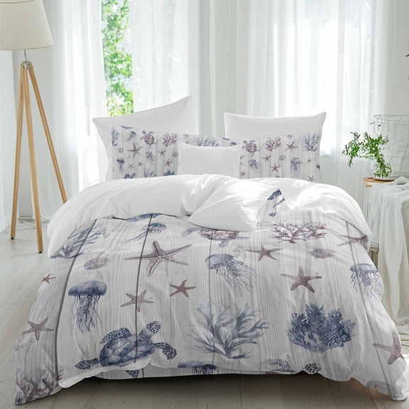 Rustic Full Size Comforter Set, Sea Turtles Starfish Coral Jellyfish Wood Grain Bedding for All Seasons, 4 Pcs Bed Set, 1Quiltcover (86"x86") ,1Sheet(80"x116"), 2Pillowcases (30"x20")