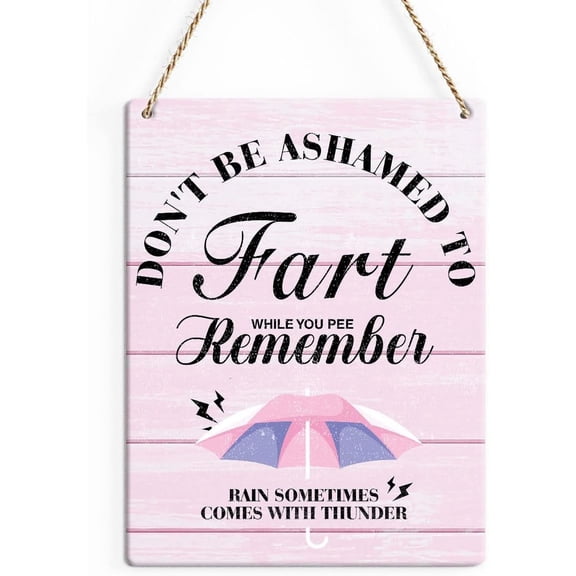 Rustic Funny Bathroom Wood Decor Sign, Pink Rain Sometimes Comes with Thunder Printed Wood Sign Wall Art, Hanging Door Sign, Decorative Wood Sign Home Bathroom Decor 8x10