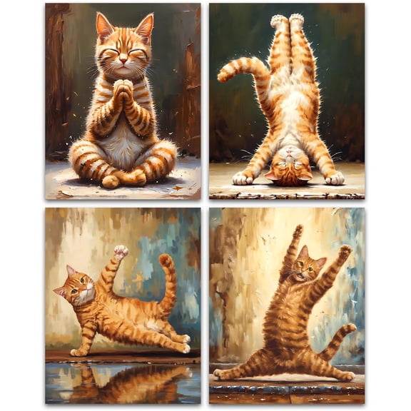 Rustic Funny Cat Wall Art for Zen Office Decor Wall Art,Yoga Cat Poses Pictures Canvas Prints,Meditation Wall Poster for Bedroom Bathroom Office Home Decor Set of 4(8"x10"Unframed)
