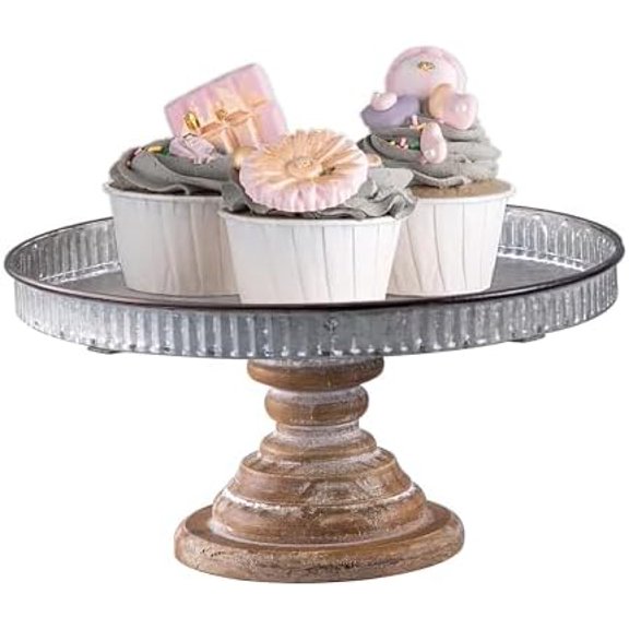 Rustic Galvanized Metal Cake Stand, Cupcake Stand Rustic Round Dessert, Appetizer Display Riser Stand with Wood Base Table Centerpiece for Wedding, Birthday, Party, Dining Room Kitchen Supplies