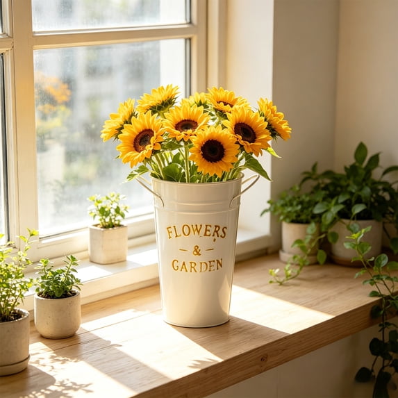 Rustic Galvanized Metal Flower Bucket with Handles, Waterproof Vase for Farmhouse Home Decor and Floral Arrangements