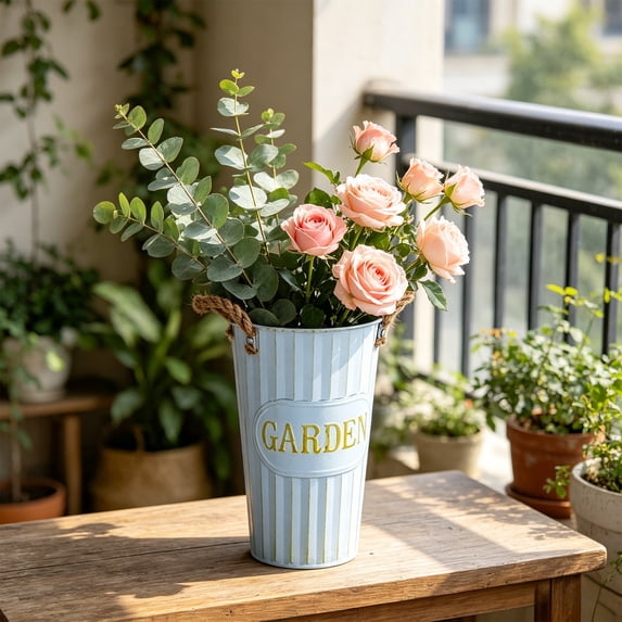 Rustic Galvanized Metal Flower Bucket with Handles, Waterproof Vase for Farmhouse Home Decor and Floral Arrangements