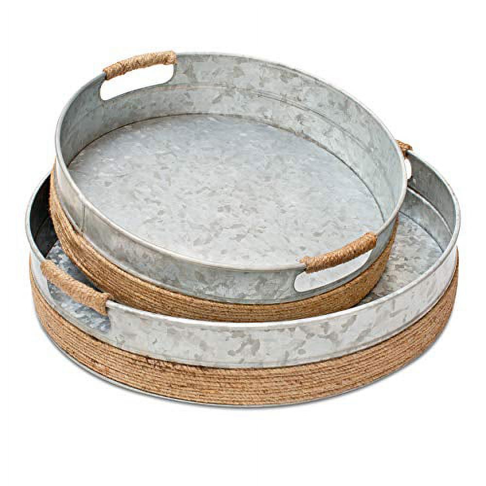 Rustic Galvanized Metal Serving Trays with RopeCovered Handles Set of 2 (15 inch and 12 inch