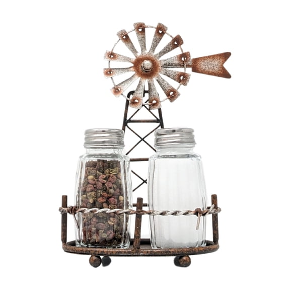 Rustic Galvanized Metal Windmill Salt and Pepper Shaker Set