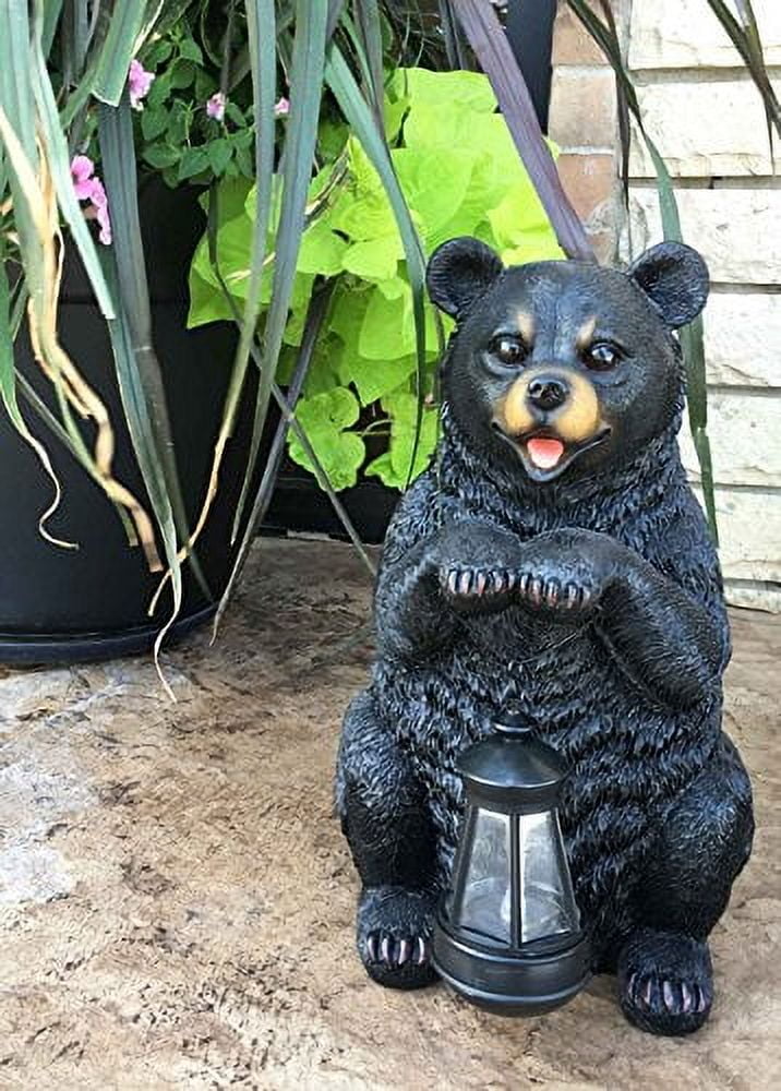 Rustic Garden Decorative Adorable Black Bear Holding Lantern Greeter Statue Figurine Solar LED Lantern Path Light For Outdoor Home Beautification