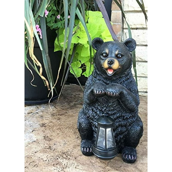 Rustic Garden Decorative Adorable Black Bear Holding Lantern Greeter Statue Figurine Solar LED Lantern Path Light For Outdoor Home Beautification