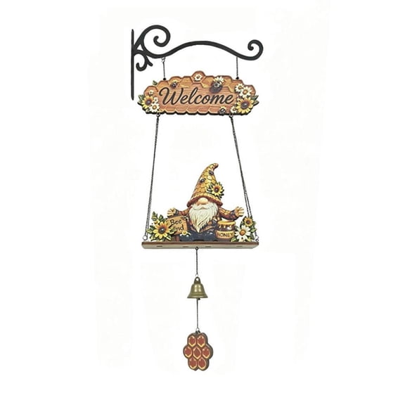 Rustic Garden Gnome Bell Outdoor Decor, Hanging Bee Sunflower Welcome Wind Chimes, Country Farmhouse Ornament for Front Porch