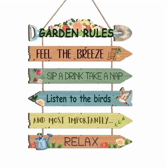 Rustic Garden Rules Wooden Hanging Sign, Multi-Panel Directional Plaque With Jute Rope, Weatherproof Wood Wall Art for Patio Fence Porch Backyard Farmhouse Outdoor Decor