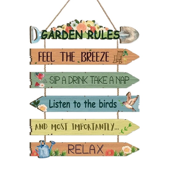 Rustic Garden Rules Wooden Hanging Sign, Multi-Panel Directional Plaque With Jute Rope, Weatherproof Wood Wall Art for Patio Fence Porch Backyard Farmhouse Outdoor Decor