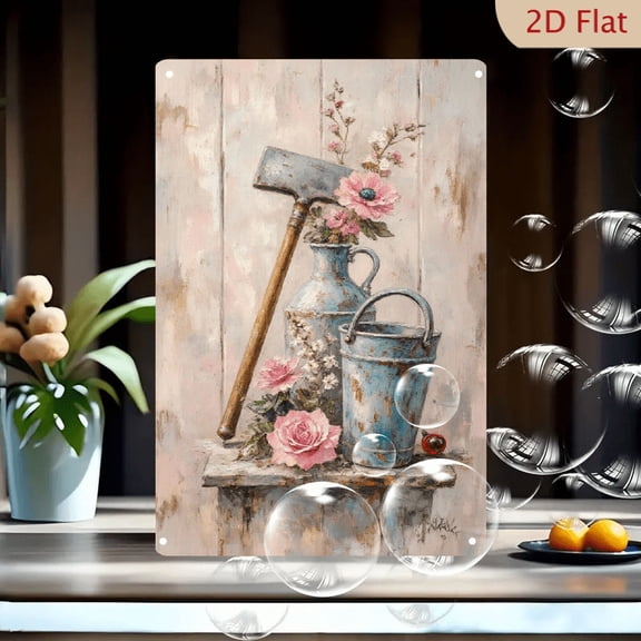 Rustic Garden Still Life Wall Art, 8x12 Inches Metal Tin Sign Featuring Vintage Blue Milk Jug, Old Axe & Pastel Flowers on Weathered Wood Shelf for Home Decor