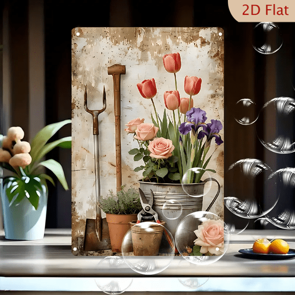 Rustic Garden Tools and Flowers Wall Art 8x12 Inches Metal Tin Sign, Vintage Peeling Paint Background with Tulips Roses Irises Pitchfork Hoe for Farmhouse Kitchen Decor