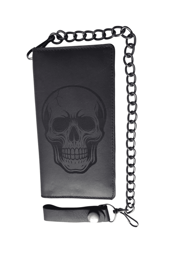 Skull Genuine Leather Biker Wallet With Chain Black Bi-Fold 7" Wallet By MDream