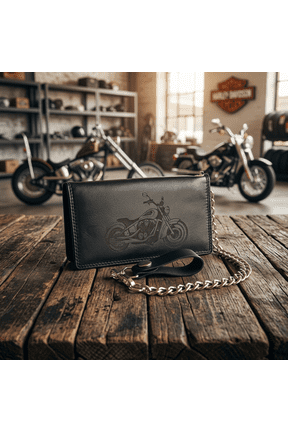Genuine Black Leather Biker RFID Blocking Wallet With Chain Bi-Fold Trucker Wallet Motorcycle by Mdream