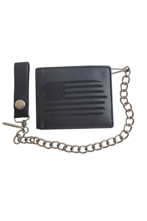 Genuine Black Leather Biker Wallet With Chain Bi-Fold Trucker Wallet US Flag by Mdream