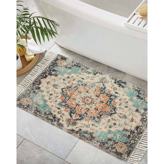 Rustic Geometric,Bath Rug 2x3ft Woven Bathroom Entryway Runner Rug,Farmhouse Shabby Chic Ethnic Tribal Washable Living Room Hallway Bedroom Kitchen Carpet with Tassels,Indoor Outdoor Throw Doormat