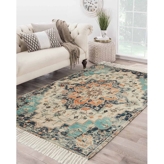 Rustic Geometric,Large Area Rug 4x6ft Woven Runner Rug,Farmhouse Shabby Chic Ethnic Tribal Washable Living Room Bedroom Kitchen Bathroom Classroom Carpet with Tassels,Indoor Outdoor Throw Door Mat