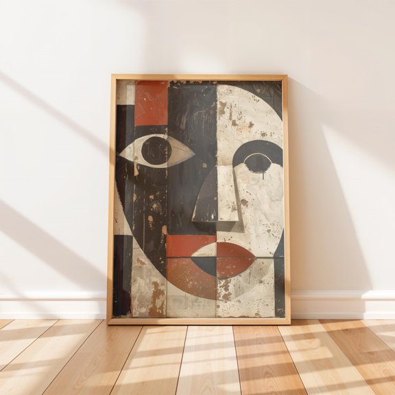 Rustic Geometric Portrait Primitive Style Face Textured Vintage Decor Earthy Tones Decorative Wall Art Poster , Poster Print Only