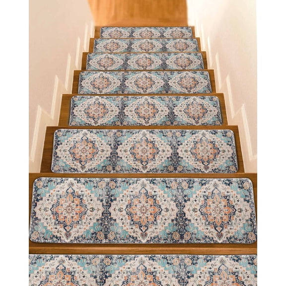 Rustic Geometric, Stair Treads for Wooden Steps Indoor Runner Rug Carpet, Farmhouse Shabby Chic Ethnic Tribal 7 Pieces Peel and Stick Staircase Step Treads Covers Washable Throw Door Mats, 30"x8"