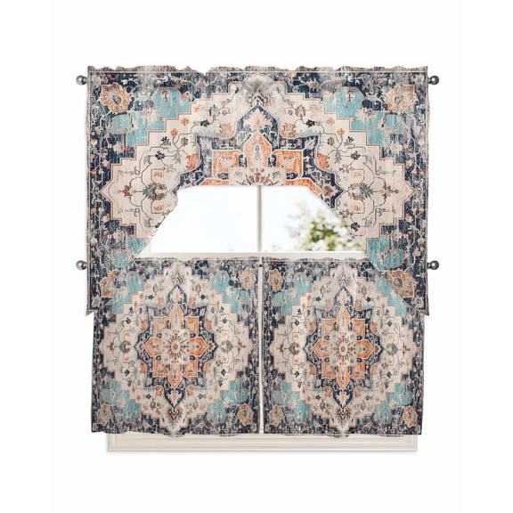 Rustic Geometric, Swag Valance and Tier Curtains 24'' Length Set, Farmhouse Shabby Chic Ethnic Tribal Light Filtering Kitchen Curtains, Tier Curtain Valances for Bathroom/Living Room/Bedroom/Café