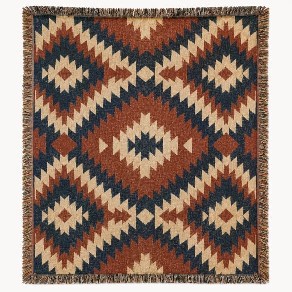 Rustic Geometric Woven Cotton Throw Blanket with Fringe, Navy Rust