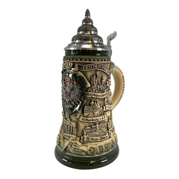 Rustic German Cities with Pewter Eagle Decal LE Stoneware Beer Stein .4 L
