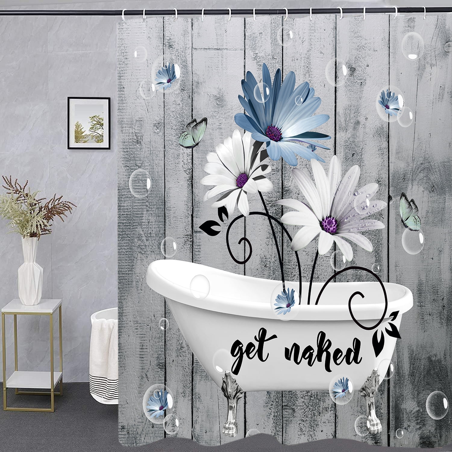 Rustic Get Naked Floral Shower Curtain Set, Blue and White Little Daisy in Bathtub Butterfly Bath Curtain, Vintage Grey Wooden Waterproof Fabric Bath Curtain for Bathroom Decor With Hooks,72X84in