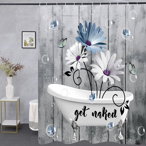 Rustic Get Naked Floral Shower Curtain Set, Blue and White Little Daisy in Bathtub Butterfly Bath Curtain, Vintage Grey Wooden Waterproof Fabric Bath Curtain for Bathroom Decor With Hooks,36X72in