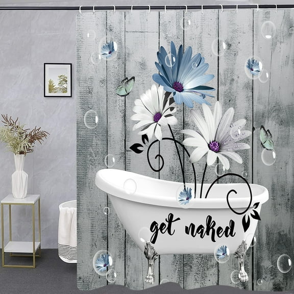 Rustic Get Naked Shower Curtain Set, Blue and White Little Daisy in Bathtub Butterfly Bath Curtain, Vintage Grey Wooden Waterproof Fabric Bath Curtain for Bathroom Decor With Hooks,72X72in
