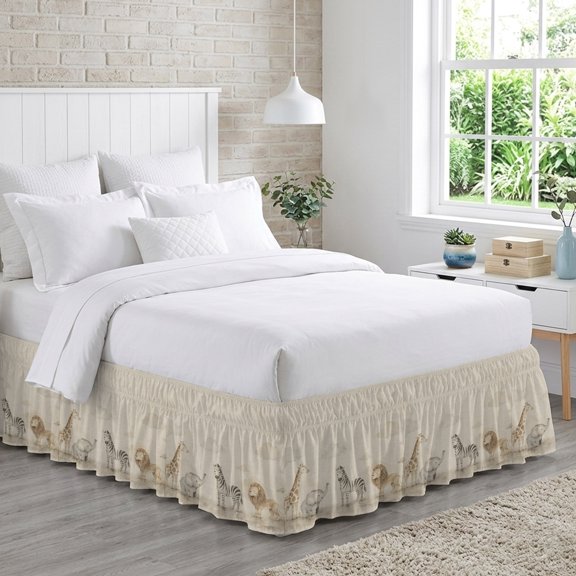Rustic Giraffe Bed Skirt King Size 18 Inch Drop, Elephant Zebra Lion Farmhouse Animal Adjustable Elastic Dust Ruffles Bedskirt for King Bed Wrap Around Pleated Mattress Frame Cover