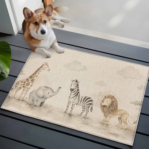 Rustic Giraffe Washable Entry Rug 2x3 Elephant Zebra Lion Farmhouse Animal Low Pile Indoor Door Mat with Rubber Backing Thin Area Rug for for Entrance, Bedroom, Kitchen, Laundry, Bathroom