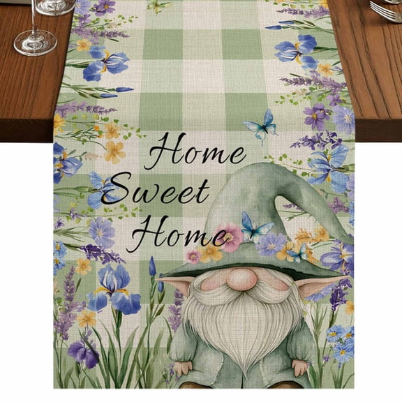 Rustic Gnome 36 Inch Table Runner, Spring Flowers Butterfly Green Check Farmhouse Dresser Scarf Cotton & Linen Tablerunner for Dining/Kitchen Island/Holiday Party Décor Small 13" x 36"