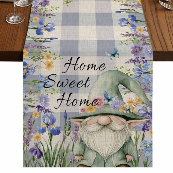 Rustic Gnome 36 Inch Table Runner, Spring Flowers Butterfly Purple Check Farmhouse Dresser Scarf Cotton & Linen Tablerunner for Dining/Kitchen Island/Holiday Party Décor Small 13" x 36"