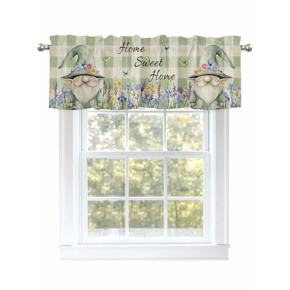 Rustic Gnome Curtain Valances for Windows, Spring Flowers Butterfly Green Check Kitchen Valance Window Treatment, Light Filtering Block Curtains for Bathroom/Bedroom/Living Room 42'' x 12''