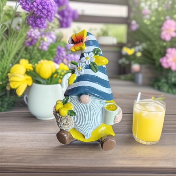 Rustic Gnome Figurine, Intricate Crafted Decor With Striped Hat & Yellow Accents, Versatile For Home Desktop Shelf Or Gift Giving