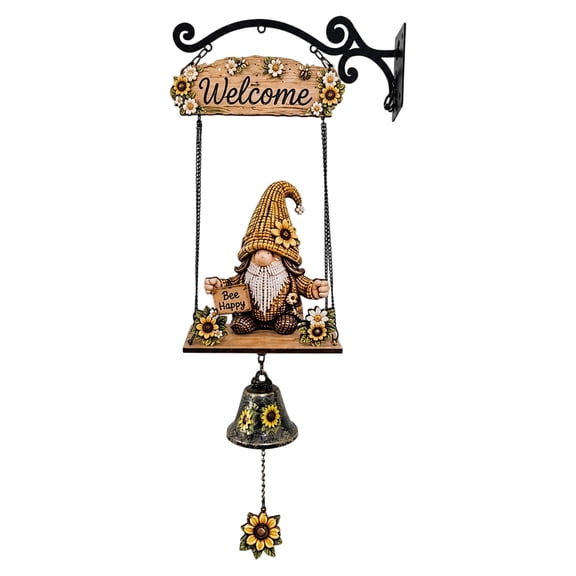Rustic Gnome Hanging Bell, Handmade Bee & Sunflower Design Welcome Doorbell, Decorative Dinner Bell, Farmhouse Style Ornament for Front Porch, Fence & Patio, Sweet Garden Decor(Yellow)