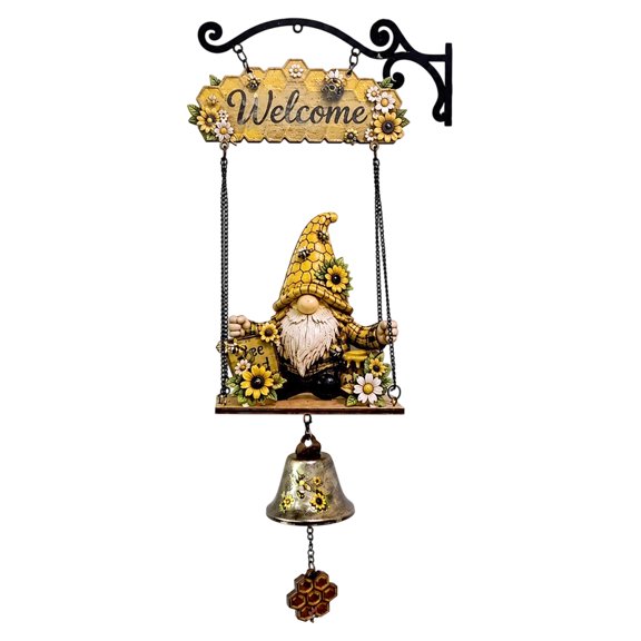 Rustic Gnome Hanging Bell, Handmade Bee & Sunflower Design Welcome Doorbell, Decorative Dinner Bell, Farmhouse Style Ornament for Front Porch, Fence & Patio, Sweet Garden Decor(Black)