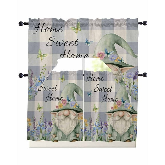 Rustic Gnome Kitchen Curtains Swag Valance and Tier Curtains Set 36 Inch Length, Spring Flowers Butterfly Purple Check Rod Pocket Drape Panels Pair Swag Curtain for Bathroom/Cafe/Window
