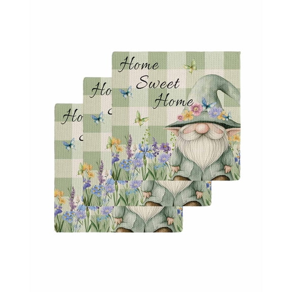 Rustic Gnome Kitchen Dish Towels for Drying Dishes Set of 3, Spring Flowers Butterfly Green Check Waffle Weave Microfiber Terry Hand Tea Bathroom Towels Quick Dry & Absorbent Towel 12x12