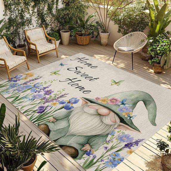 Rustic Gnome Outdoor Rug 3x5 Ft - Reversible Patio Rug Outdoor Camping Rugs, Spring Flowers Butterfly Beige Burlap Washable Indoor Outdoor Area Rugs, Non-Slip Outdoor Carpet Runner for Deck/Porch