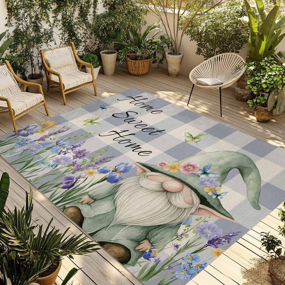 Rustic Gnome Outdoor Rug 4x6 Ft - Reversible Patio Rug Outdoor Camping Rugs, Spring Flowers Butterfly Purple Check Washable Indoor Outdoor Area Rugs, Non-Slip Outdoor Carpet Runner for Deck/Porch