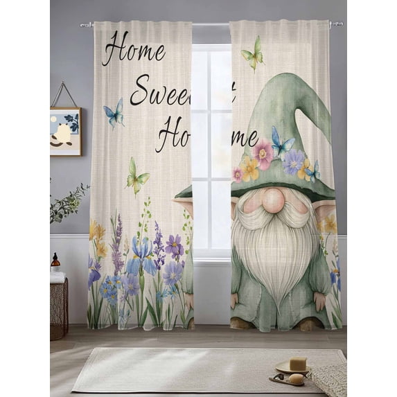 Rustic Gnome Sheer Curtains for Living Room Bedroom Spring Flowers Butterfly Beige Burlap Sheer Curtains 96 Inch Long 2 Panels Set Light Filtering Curtain Window Treatments Drapes for Dining Room
