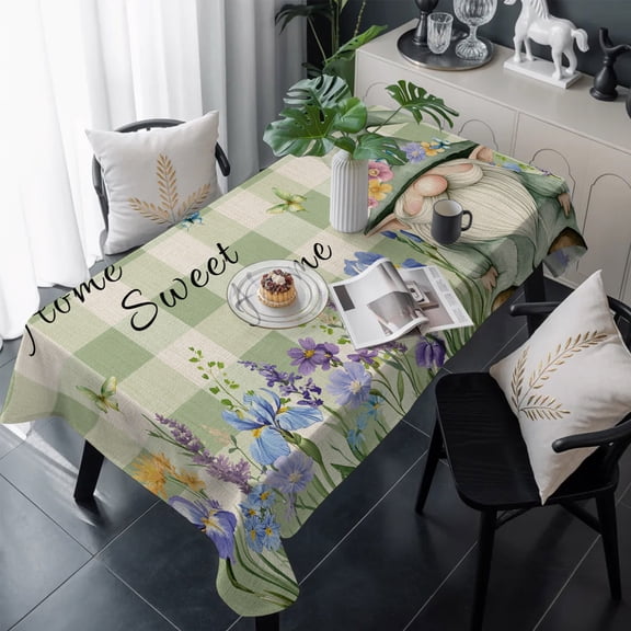 Rustic Gnome Table Cloth Waterproof Tablecloths, Spring Flowers Butterfly Green Check Tablecloth Dining Table Cover for Kitchen Party Tabletop Outdoor, Rectangle Tablecloth 60x120 Inch