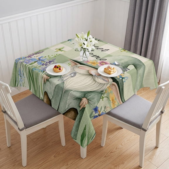 Rustic Gnome Table Cloth Waterproof Tablecloths, Spring Flowers Butterfly Green Check Tablecloth Dining Table Cover for Kitchen Party Tabletop Outdoor, Square Tablecloth 54x54 Inch