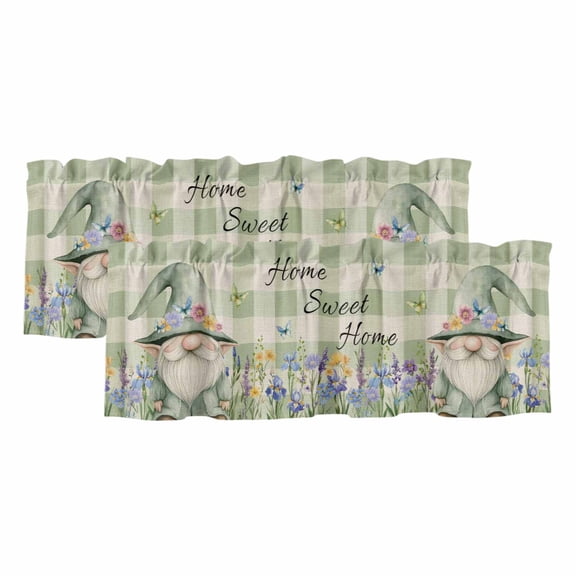 Rustic Gnome Valances for Windows, Spring Flowers Butterfly Green Check Light Filtering Kitchen Curtains, Rod Pocket Window Valance Curtains for Living Room Bedroom, 60" W x 18" L, 2 Panels
