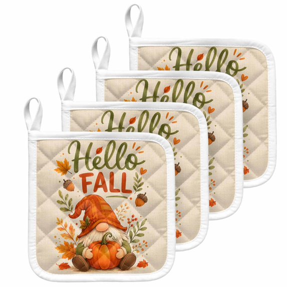 Rustic Gnomes Fall Pot Holders for Kitchen Heatproof Potholder, 4 Pack Thanksgiving Pumpkin Maple Rustic Hot Pads Multipurpose Oven Pads Terry Cloth Potholders Trivet for Cooking and Baking