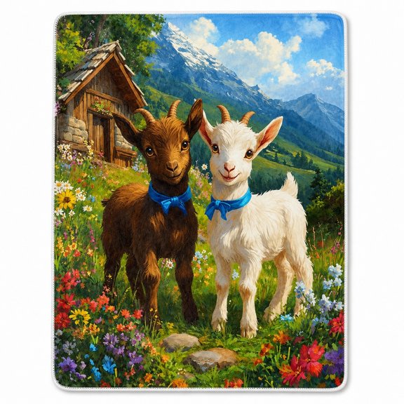 Rustic Goat Mountain Scene Sherpa Blanket, Floral Cabin Polyester Fleece Throw
