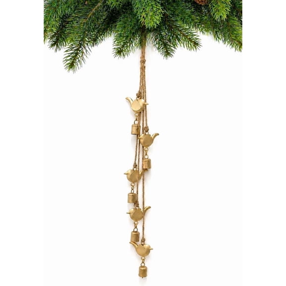 Rustic Gold Birds & Bells Garland with Rope Brass Rustic Handmade Metal Hanging Birds and Bells Cluster for Farmhouse Cow Bell Cluster Christmas, Holiday Garden Decor (5 Bird & 5 Bell String 27")
