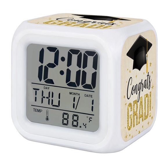 Rustic Graduation Digital Alarm Clock for Bedrooms, Smart LED Alarm Clock with 7 Color Changing Night Light, Funny Words Vintage Art Silent Wake Up Clocks for Sleep Study Cooking 3.2"x3.2"