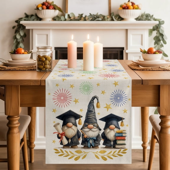 Rustic Graduation Gnomes Table Runner 13x60 Inch Yellow Star Firework Academic Cotton Linen Dining Table Runner Ideal for Dresser Kitchen Coffee Tables - Machine Washable