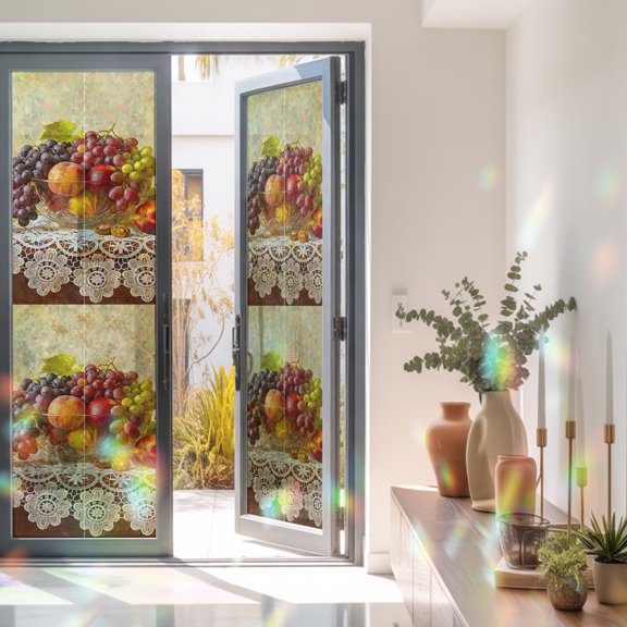 Rustic Grape Peach Apples Wine Window Privacy Film, Rainbow Film Decorative Window Sticker 23.6x78.7in, Realistic Fruit Oil Painting Sun Blocking Static Stained Glass Cling Tint Non-Adhesive